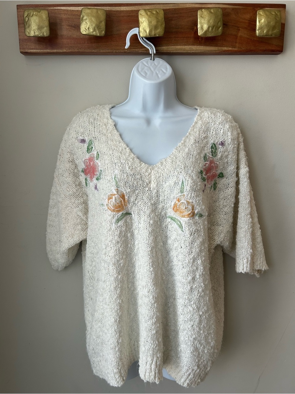Vintage 90s Floral Bouclé Knit Sweater Cottagecore Grandmacore Romantic Size 40
